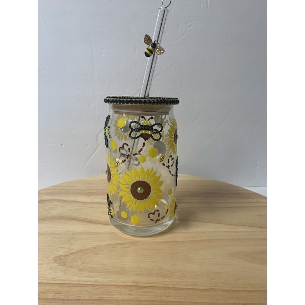 Handmade Bees and Sunflowers 16 oz glass cup with straw topper